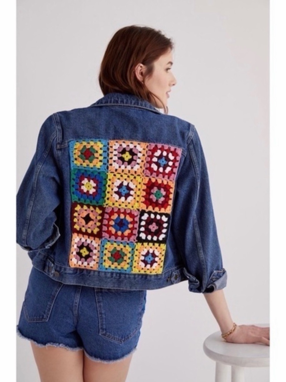 Farm Rio Denim Crochet Granny Square Jacket